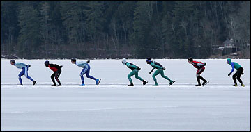 OUT ON THE ICE  Speed skaters, above, on the ice at Lake Morey in central Vermont. Others, who prefer Nordic skating, can glide over the lake for miles.
