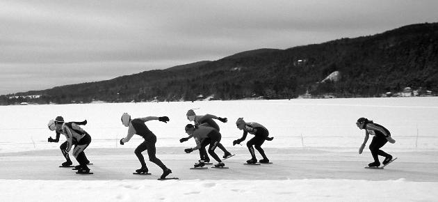 Marathon skaters round a curve on Olympic style speed skates.
Click here to learn more about Nordic Skates.